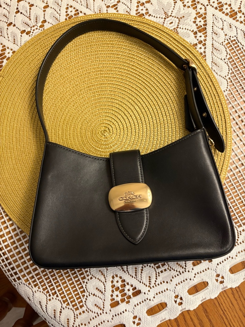 Coach Black Leather Shoulder Bag with Gold Accent Clasp